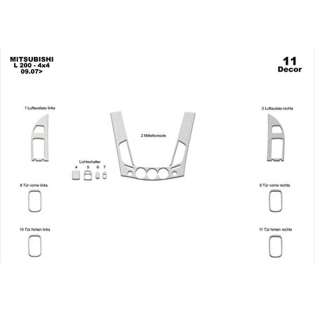 Meriç® Mitsubishi L200 4x4 Ön Torpido Kaplama 11 Parça 2007-2013