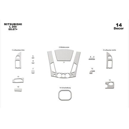 Meriç® Mitsubishi L200 4x2 Ön Torpido Kaplama 14 Parça 2007-2013