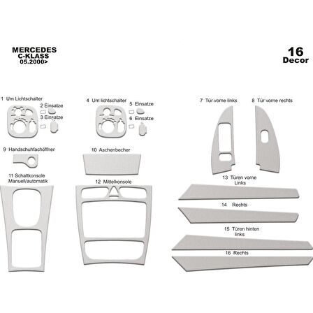 Meriç® Mercedes C Serisi Ön Torpido Kaplama 16 Parça 2000-2006