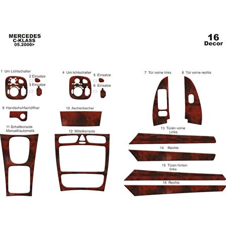 Meriç® Mercedes C Serisi Ön Torpido Kaplama 16 Parça 2000-2006