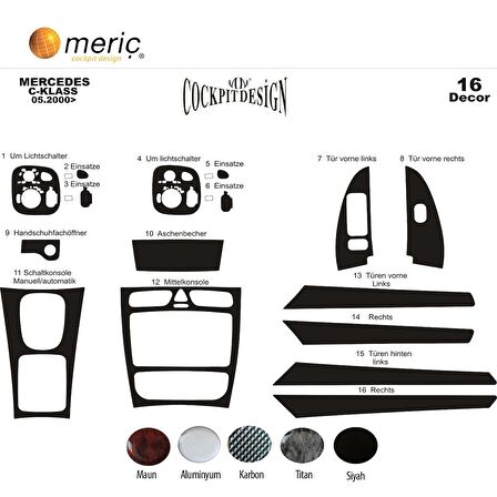 Meriç® Mercedes C Serisi Ön Torpido Kaplama 16 Parça 2000-2006