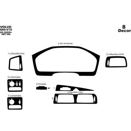 Meriç® Volvo S60 / V70 Ön Torpido Kaplama 8 Parça 2005-2009