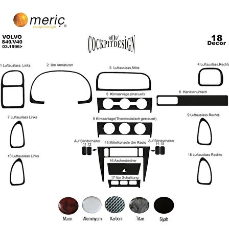 Meriç® Volvo S40 / V40 Ön Torpido Kaplama 18 Parça 1996-2000