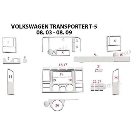 Meriç® VW Transporter T5 Ön Torpido Kaplama 29 Parça 2003-2009