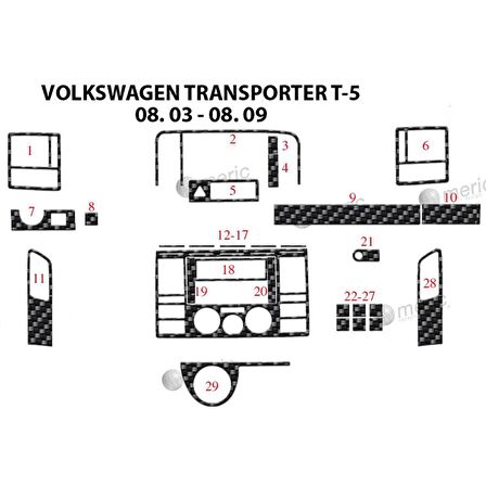 Meriç® VW Transporter T5 Ön Torpido Kaplama 29 Parça 2003-2009