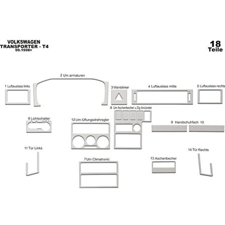 Meriç® VW Transporter T4 Ön Torpido Kaplama 18 Parça 1998-2003