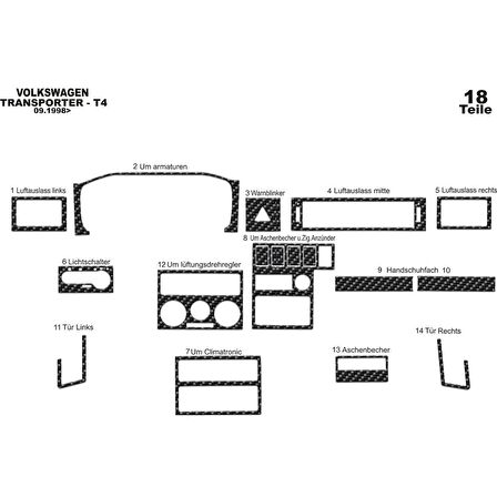 Meriç® VW Transporter T4 Ön Torpido Kaplama 18 Parça 1998-2003