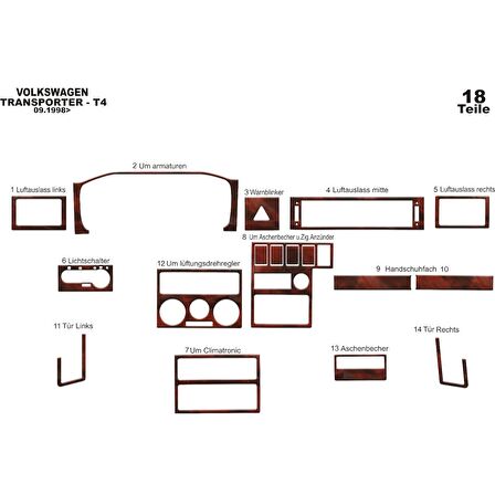 Meriç® VW Transporter T4 Ön Torpido Kaplama 18 Parça 1998-2003