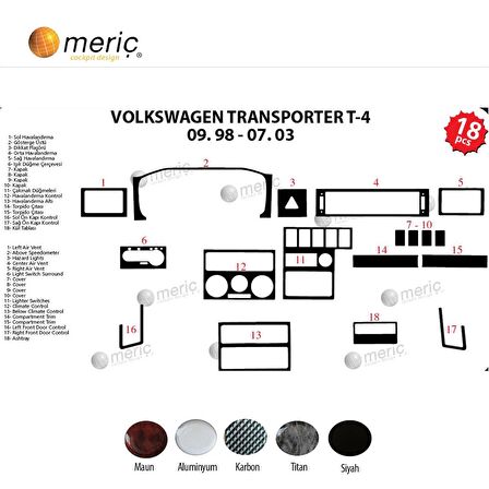 Meriç® VW Transporter T4 Ön Torpido Kaplama 18 Parça 1998-2003