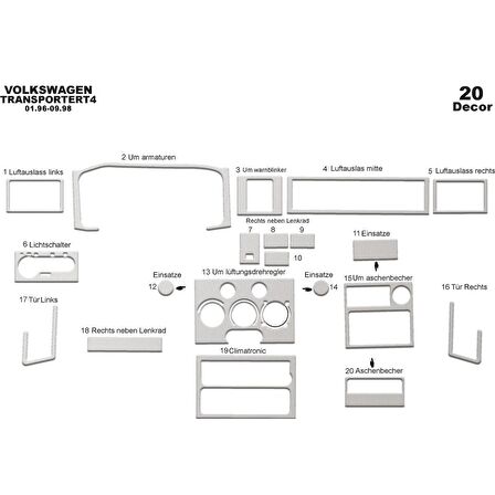 Meriç® VW Transporter T4 Ön Torpido Kaplama 20 Parça 1996-1998