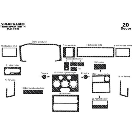 Meriç® VW Transporter T4 Ön Torpido Kaplama 20 Parça 1996-1998