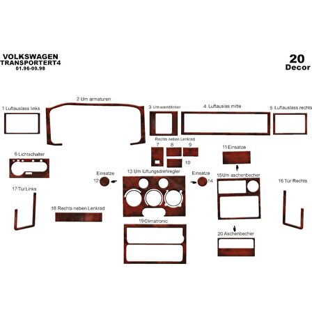 Meriç® VW Transporter T4 Ön Torpido Kaplama 20 Parça 1996-1998