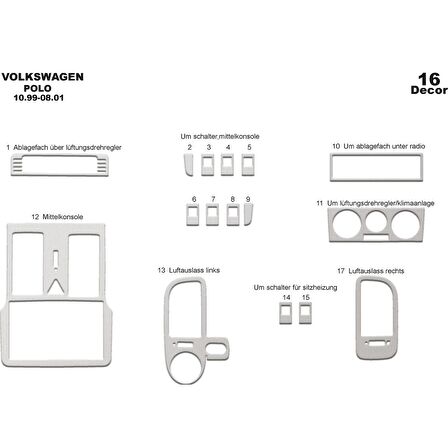 Meriç® Volkswagen Polo Ön Torpido Kaplama 16 Parça 1999-2001