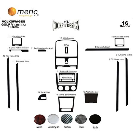 Meriç® Volkswagen Golf 5 Plus Ön Torpido Kaplama 16 Parça 2004-2008
