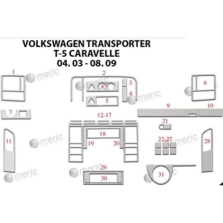 Meriç® VW Carevella T5 Ön Torpido Kaplama 31 Parça 2003-2009