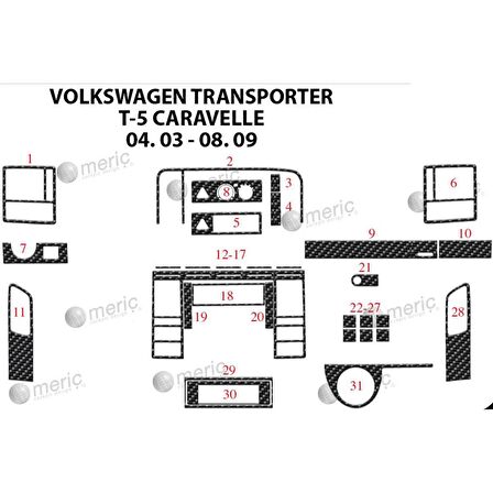 Meriç® VW Carevella T5 Ön Torpido Kaplama 31 Parça 2003-2009