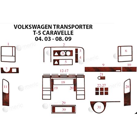 Meriç® VW Carevella T5 Ön Torpido Kaplama 31 Parça 2003-2009
