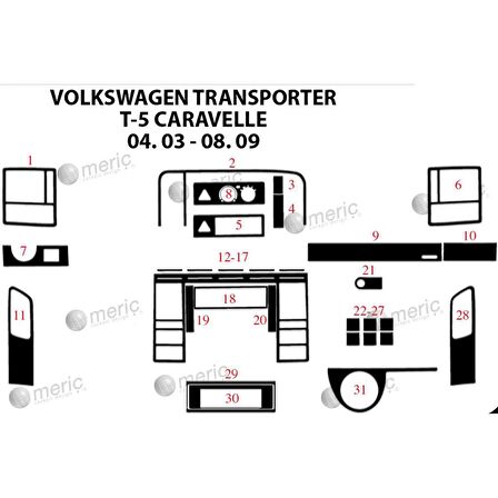 Meriç® VW Carevella T5 Ön Torpido Kaplama 31 Parça 2003-2009