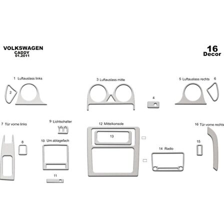 Meriç® Volkswagen Caddy Ön Torpido Kaplama 16 Parça 2010-2014