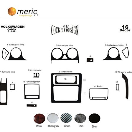Meriç® Volkswagen Caddy Ön Torpido Kaplama 16 Parça 2010-2014