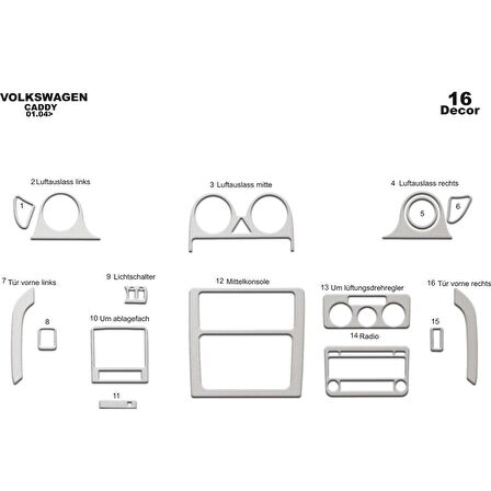 Meriç® Volkswagen Caddy Ön Torpido Kaplama 16 Parça 2004-2009