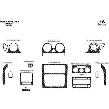 Meriç® Volkswagen Caddy Ön Torpido Kaplama 16 Parça 2004-2009