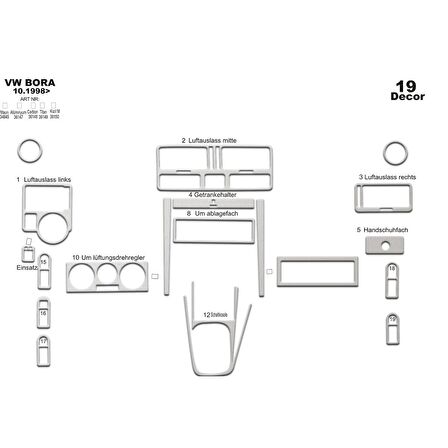 Meriç® Volkswagen Bora Ön Torpido Kaplama 19 Parça 1998-2008