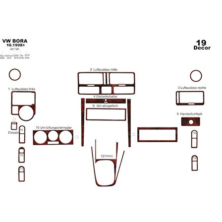 Meriç® Volkswagen Bora Ön Torpido Kaplama 19 Parça 1998-2008