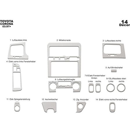Meriç® Toyota Corona Ön Torpido Kaplama 14 Parça 1997-2003