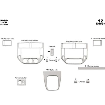 Meriç® Ford C-Max Ön Torpido Kaplama 12 Parça 2004-2010