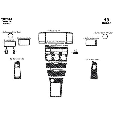 Meriç® Toyota Corolla Ön Torpido Kaplama 19 Parça 2004-2007