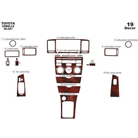 Meriç® Toyota Corolla Ön Torpido Kaplama 19 Parça 2004-2007
