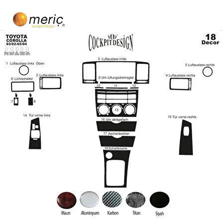 Meriç® Toyota Corolla Ön Torpido Kaplama 18 Parça 2002-2004