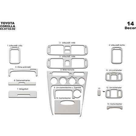 Meriç® Toyota Corolla Ön Torpido Kaplama 14 Parça 1997-2002