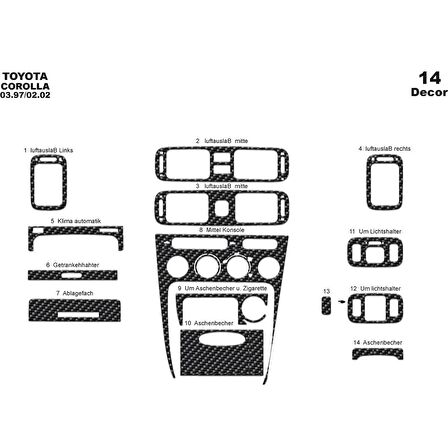 Meriç® Toyota Corolla Ön Torpido Kaplama 14 Parça 1997-2002