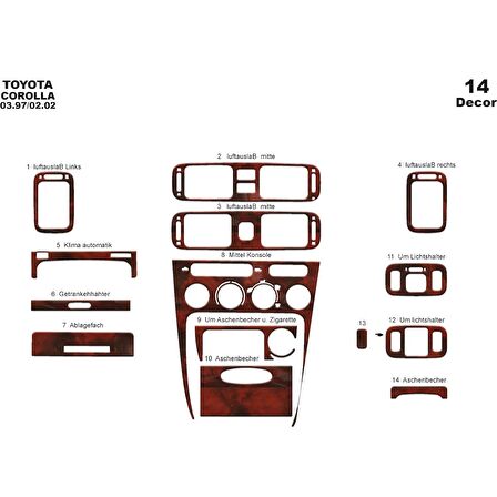 Meriç® Toyota Corolla Ön Torpido Kaplama 14 Parça 1997-2002