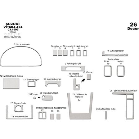 Meriç® Suzuki Vitara 4x4 Ön Torpido Kaplama 26 Parça 1997-2005