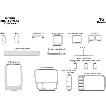 Meriç® Suzuki Grand Vitara 4x4 Torpido Kaplama 16 Parça 1998-2005