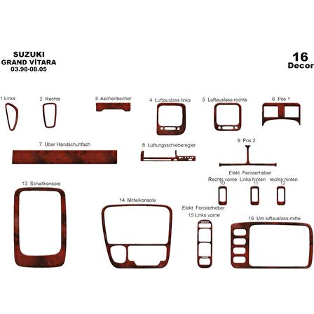 Meriç® Suzuki Grand Vitara 4x4 Torpido Kaplama 16 Parça 1998-2005