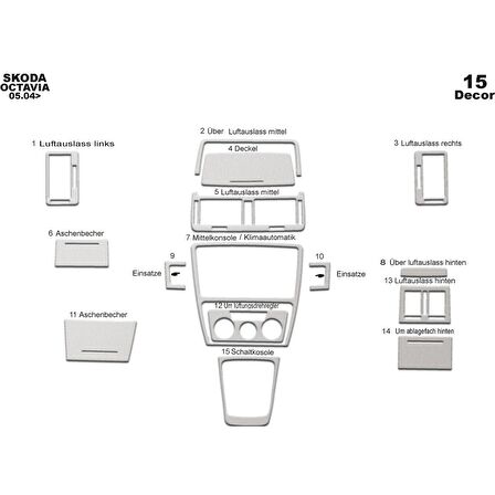 Meriç® Skoda Octavia Ön Torpido Kaplama 15 Parça 2004-2009