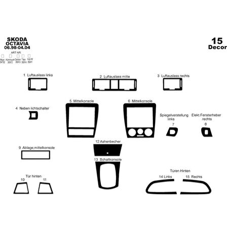 Meriç® Skoda Octavia Ön Torpido Kaplama 15 Parça 1998-2004