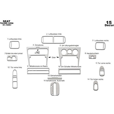 Meriç® Seat Toledo - Leon Ön Torpido Kaplama 15 Parça 1999-2002
