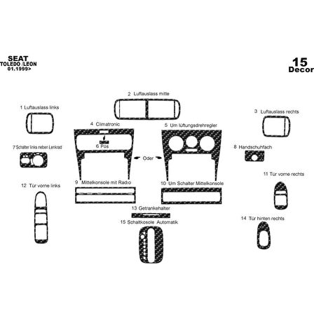 Meriç® Seat Toledo - Leon Ön Torpido Kaplama 15 Parça 1999-2002