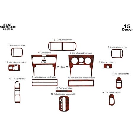 Meriç® Seat Toledo - Leon Ön Torpido Kaplama 15 Parça 1999-2002