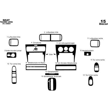 Meriç® Seat Toledo - Leon Ön Torpido Kaplama 15 Parça 1999-2002