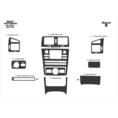 Meriç® Seat Ibiza Ön Torpido Kaplama 9 Parça 1999-2002
