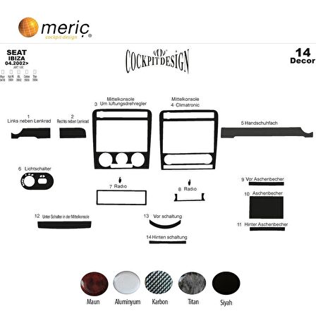 Meriç® Seat Ibiza Ön Torpido Kaplama 14 Parça 2002-2010