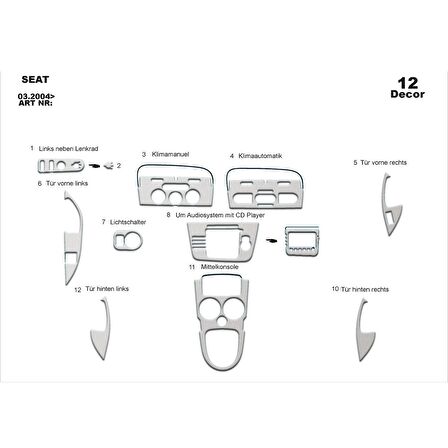 Meriç® Seat Altea / Toledo Ön Torpido Kaplama 12 Parça 2004-2008