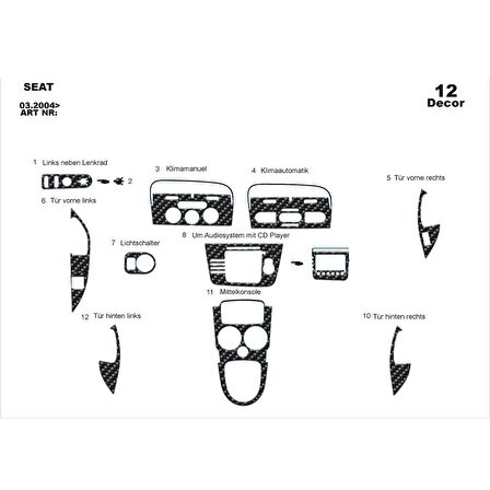 Meriç® Seat Altea / Toledo Ön Torpido Kaplama 12 Parça 2004-2008