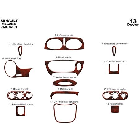 Meriç® Renault Megane Ön Torpido Kaplama 13 Parça 1996-1999